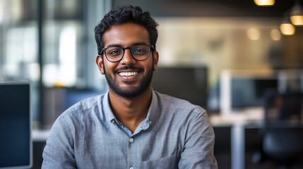 Obraz premium Engaging business professional smiling in modern office setting indoor portrait inspiring atmosphere close-up perspective for networking success