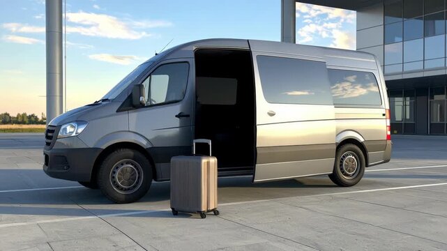 A modern grey passenger van with an open side door and a suitcase waiting on the tarmac at an airport terminal.