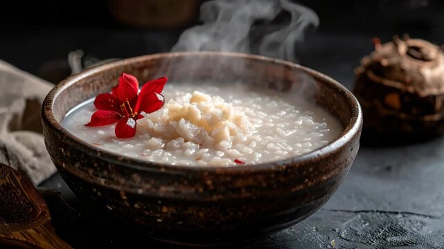 A steaming bowl of traditional Asian rice porridge, or congee, garnished with a red flower on a dark tabletop.