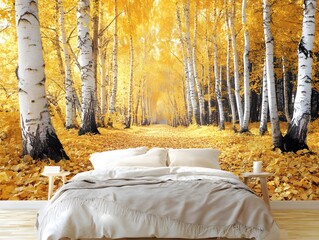 Golden Birch Tree Forest Autumn Pathway Wall Mural