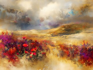 Vibrant Poppy Field Landscape Painting Golden Hills Dramatic Sky