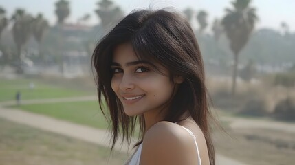 Beautiful Smiling Woman Outdoor Portrait, Palm Trees Background