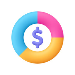 Pie chart diagram with a purple dollar sign in the center. Finance and business analysis, budget and investment concept. 3d vector icon. Cartoon minimal style.