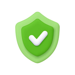 Green shield with a white check mark. Verified protection, security approval, safety confirmation, cybersecurity, antivirus software, and secure system concept. 3d vector icon. Cartoon minimal style.