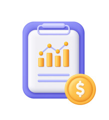 Clipboard with financial chart and gold dollar coin. Banking, accounting, financial report, investment, business analytics and economic growth concept. 3d vector icon. Cartoon minimal style.