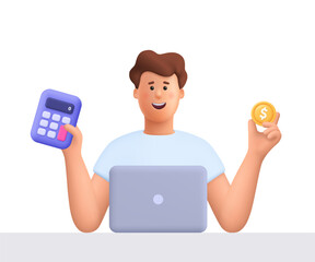 Young smiling man James working on laptop holding calculator and dollar coin. Business, finance, accounting, tax and budget planning concept. 3d vector people character. Cartoon minimal style.
