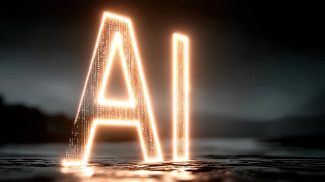 Glowing AI Symbol Materializing from Streams of Binary Code Over Dark Reflective Surface