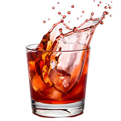 Isolated realistic photo of red liquid splash in glass with ice cubes