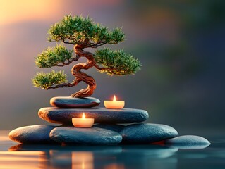 Serene Bonsai Tree with Candles on Stacked Stones at Sunset