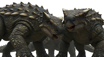 Photo of two Ankylosaurus dinosaurs side profile isolated on transparent background