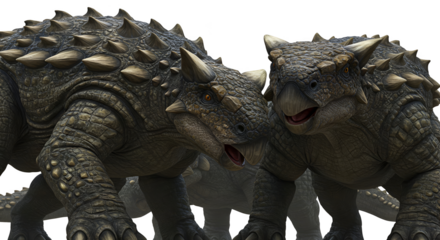 Photo of two Ankylosaurus dinosaurs side profile isolated on transparent background