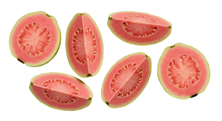 Isolated Realistic Photo Pink Guava Halves Scattered Transparent Background