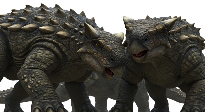 Photo of two Ankylosaurus dinosaurs side profile isolated on transparent background