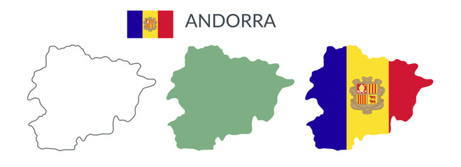 Andorra geographical borders isolated on white background. Flag of Andorra. Vector flat cliparts.