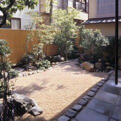 Serene Japanese Garden Design with Gravel Path and Bamboo Fence
