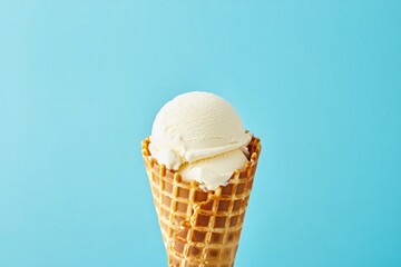 Vanilla ice cream cone on blue background