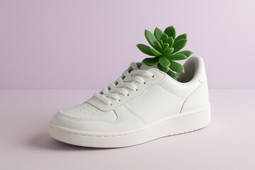 White sneaker with green succulent plant