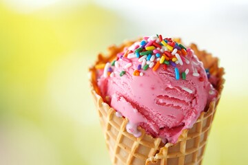 Strawberry ice cream cone with colorful sprinkles