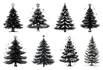 Obraz premium PNG Vintage Christmas tree illustrations, element set on transparent background