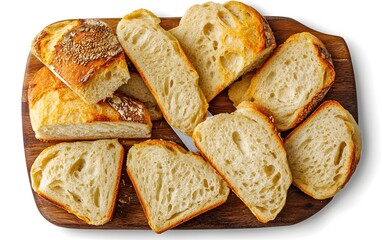 Artisan Sourdough Bread Slices on Wooden Board, Crusty Baked Loaf, Top View