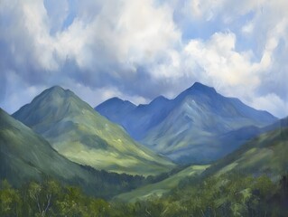 Serene Mountain Landscape Painting, Cloudy Sky, Green Hills, Nature Scenery