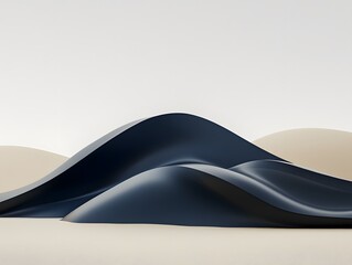 Abstract Dark Blue and Beige Waves, Minimalist 3D Render, Elegant Smooth Curves, Modern Art Background