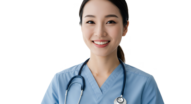 Photo Realistic Portrait Young Asian Nurse Blue Scrubs Stethoscope Smiling