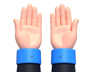 Two cartoon hands with blue cuffs, palms facing upwards isolated on transparent backg 
