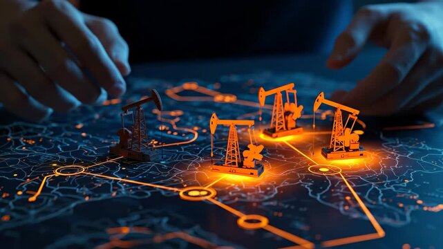 Man adjusts oil pump models on illuminated map connections, symbolizing energy industry strategy and global resource distribution, footage.