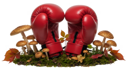 Photo Red Boxing Gloves With Mushrooms On Mossy Ground
