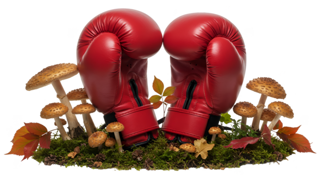 Photo Red Boxing Gloves With Mushrooms On Mossy Ground