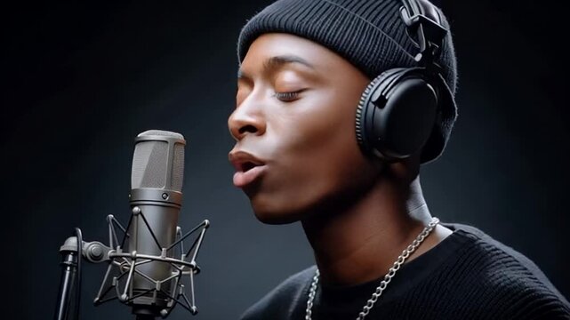 Young Black male singer passionately performs into studio microphone, creative expression in soundproof booth, vocal artistry during national music month