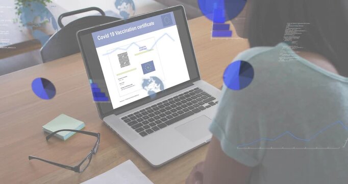 Man viewing laptop covid cert, initiating floating chart overlays for verifying health status