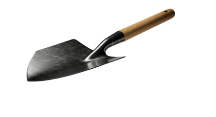 Isolated realistic shovel with wood handle on black background