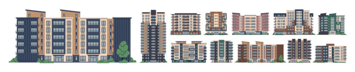 Multistorey apartment buildings set. Multi-storey high-rise residential houses, blocks of flats exteriors, facades. Modern city real estate, property. Vector illustrations isolated on white background © Good Studio