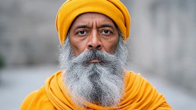 Elderly man in vibrant orange attire, serene expression with a spiritual vibe, cultural significance during Diwali festival