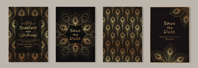Golden peacock feathers on a black background. Modern luxury wedding invitation design or card templates for business or presentation or greeting.
