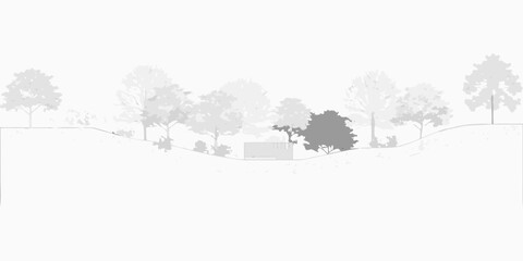 Minimalist architectural drawing of a modern building nestled within a stylized forest landscape