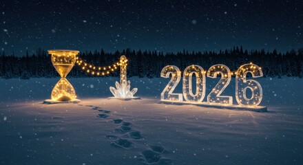 New Year 2026: A festive display illuminated with bright lights creating the new year ambiance and joy with the numbers of new year in a winter wonderland.