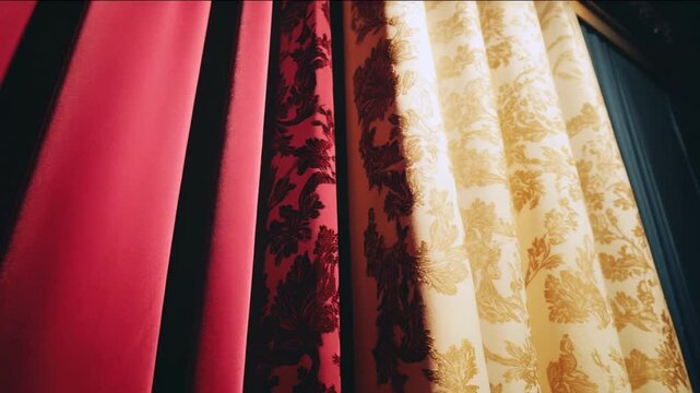 Elegant red and gold curtains, luxurious fabric with intricate patterns, theatrical ambiance perfect for holiday events like Christmas and New Year's