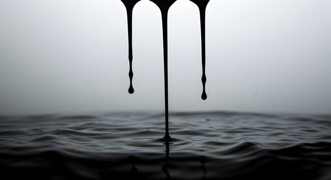 Black viscous liquid drips into a dark rippling surface against a bright misty background