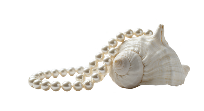 Photo White Seashell With Pearl Necklace On Black Background