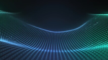 Abstract glowing blue and green digital grid forming a dynamic sine wave motion background