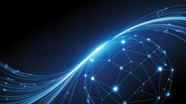 Abstract futuristic global network sphere with glowing connections and sweeping blue light trails