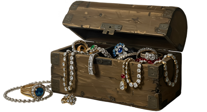Isolated Realistic Treasure Chest Filled With Jewels And Gold Necklaces