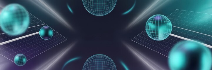 Abstract technology background with neon wireframe spheres, digital grids, and glowing light streaks