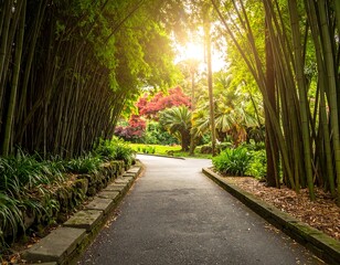 Winding pathway through lush, green bamboo and vibrant foliage