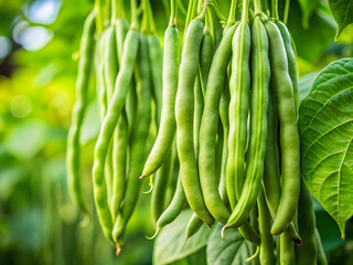 Close-up macro shot of green beans hanging on vine, shallow depth of field