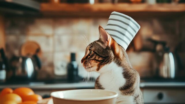 Tabby cat wearing striped hat in cozy kitchen setting