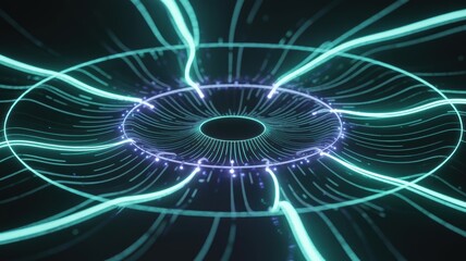 Futuristic central core radiating vibrant teal energy streams, symbolizing global data processing and technology.